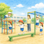 低いジャングルジム・雲梯・平均台で安全に遊ぶ小学校低学年の体育授業