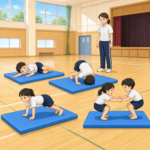 小学校の体育館で、マット運動の転がり・前転・支持バランスに取り組む子どもたち