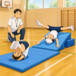 小学校3・4年生が体育館で後転と開脚後転に取り組むイラスト