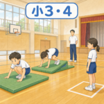 小学校3・4年生が体育館でマット運動に取り組むイラスト