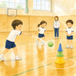 小1・2のシュートゲームで、ボールを投げてコーンの的をねらう子どもたちのイラスト