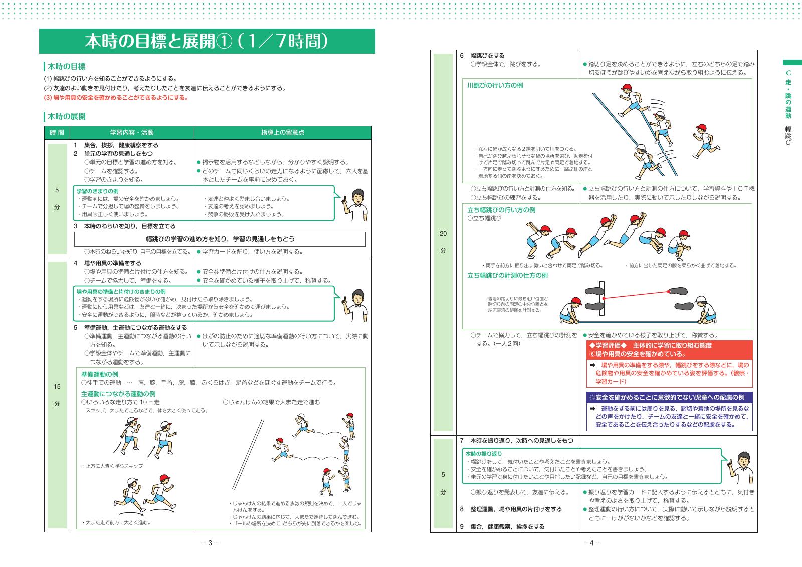 スポーツ庁の中学年幅跳び資料。川跳びと立ち幅跳びの例が載っているページ