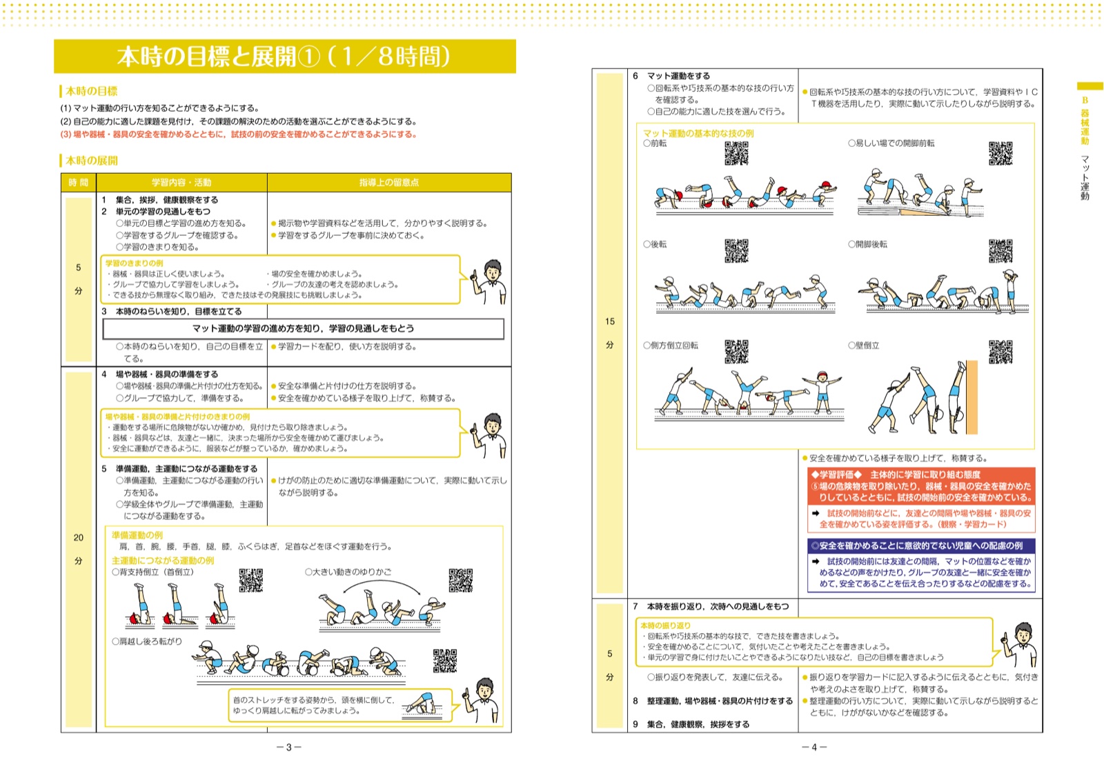 スポーツ庁の中学年マット運動資料。前転と易しい場での開脚前転の例が載っているページ