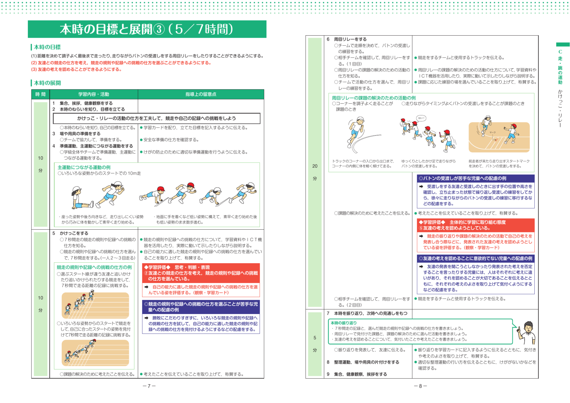 スポーツ庁の中学年かけっこ・リレー資料。周回リレーのコーナー走、バトンの受渡し、スタート位置が示されているページ