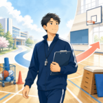 体育教師を目指す学生が大学から学校現場へ進むイラスト