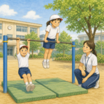 校庭の低い鉄棒でぶら下がる子とツバメの姿勢をする子を見守る先生のイラスト
