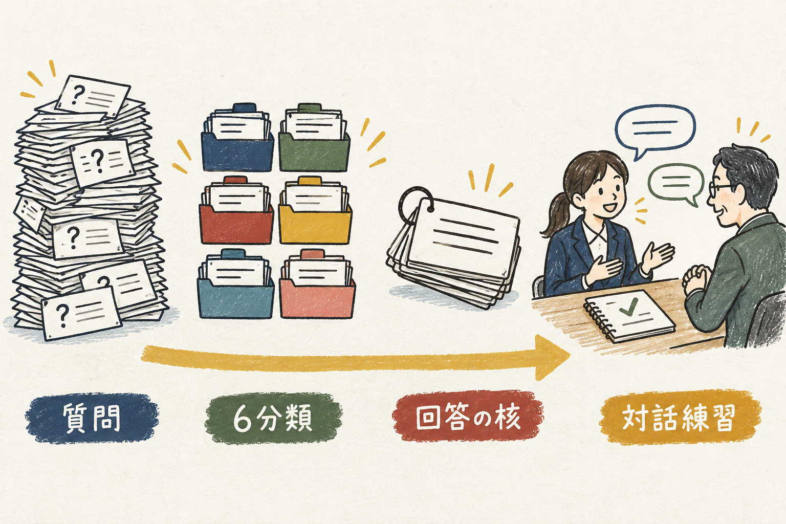 質問を6分類し回答の核を作って対話練習へ進む流れ