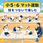 小5・6年生のマット運動で、前転から動きをつなぐ様子