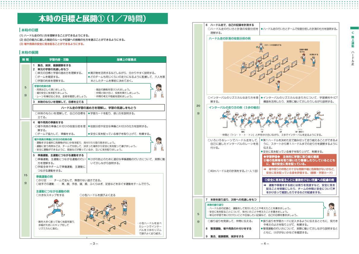 スポーツ庁の小学校高学年ハードル走の公式資料。ハードルの並べ方と3歩のリズムの例