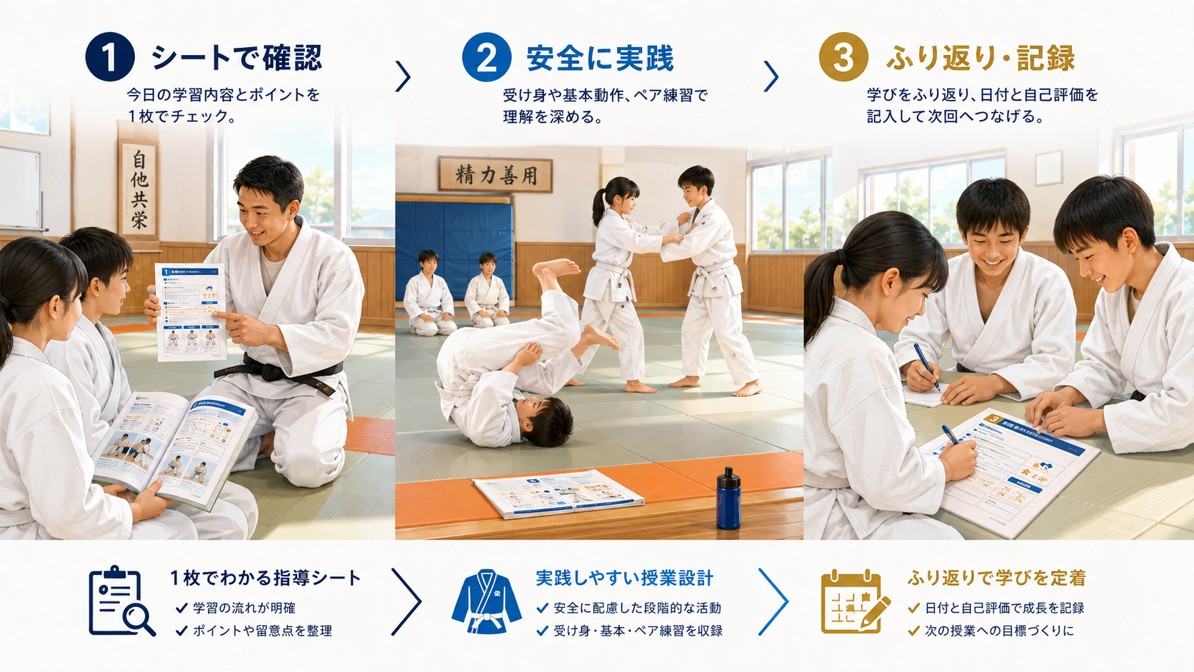 柔道授業で練習表を確認し、安全に実技を行い、学習日を記録する流れ