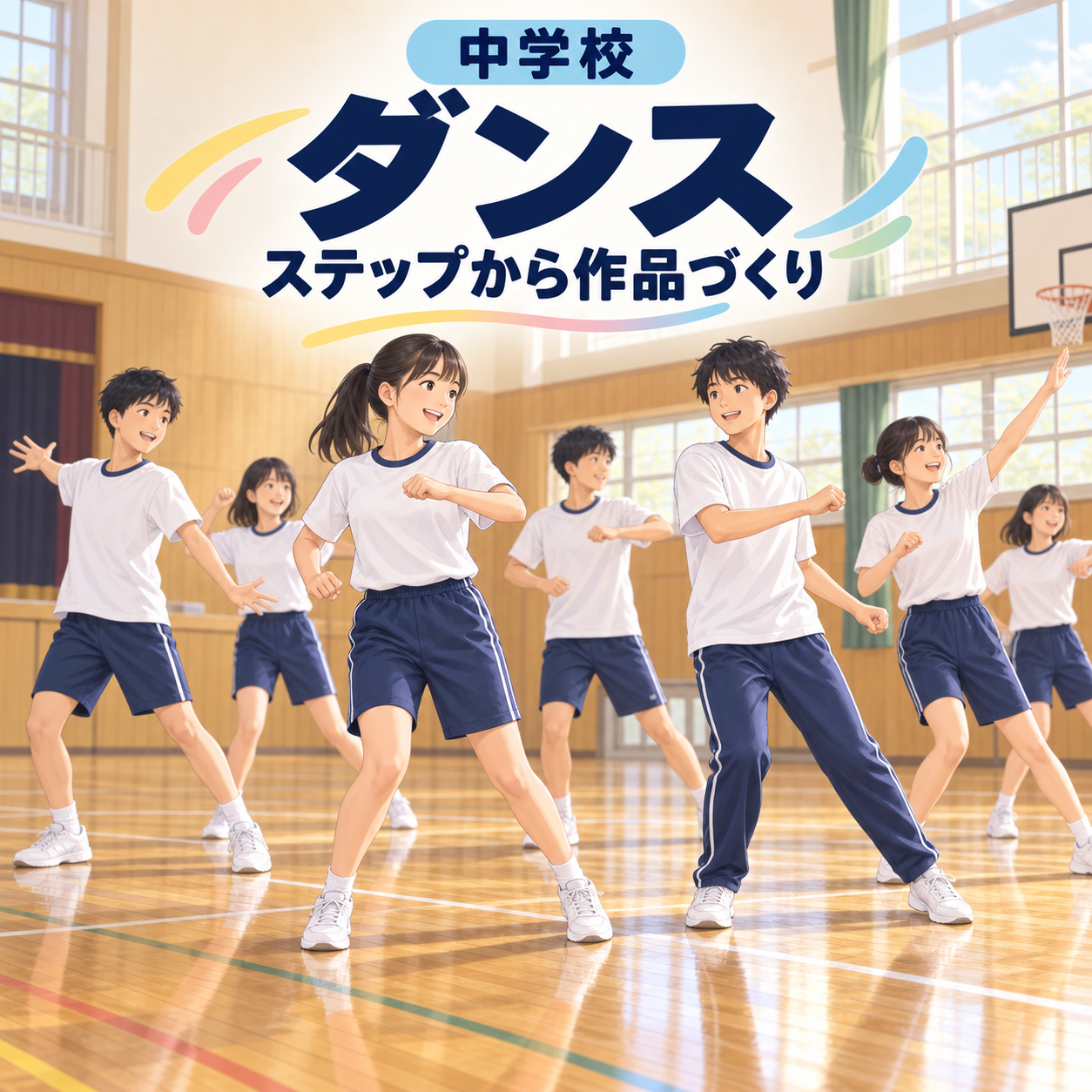 体育館で基本ステップを土台にダンス作品づくりに取り組む生徒のイラスト