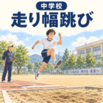 中学校の走り幅跳び。砂場へ向かって片足で踏み切り、膝を振り上げる生徒のイラスト