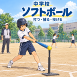 中学校ソフトボール。教師が見守る校庭で、ティーに置いた球を打つ生徒のイラスト