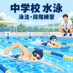 中学校水泳｜泳法・段階練習。教師の見守りのもと、クロールとビート板の練習をする生徒のイラスト