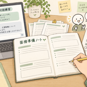面接準備ノート・AI練習ガイド・準備チェック表の使用イメージ。PDF・テキストのダウンロード教材です。