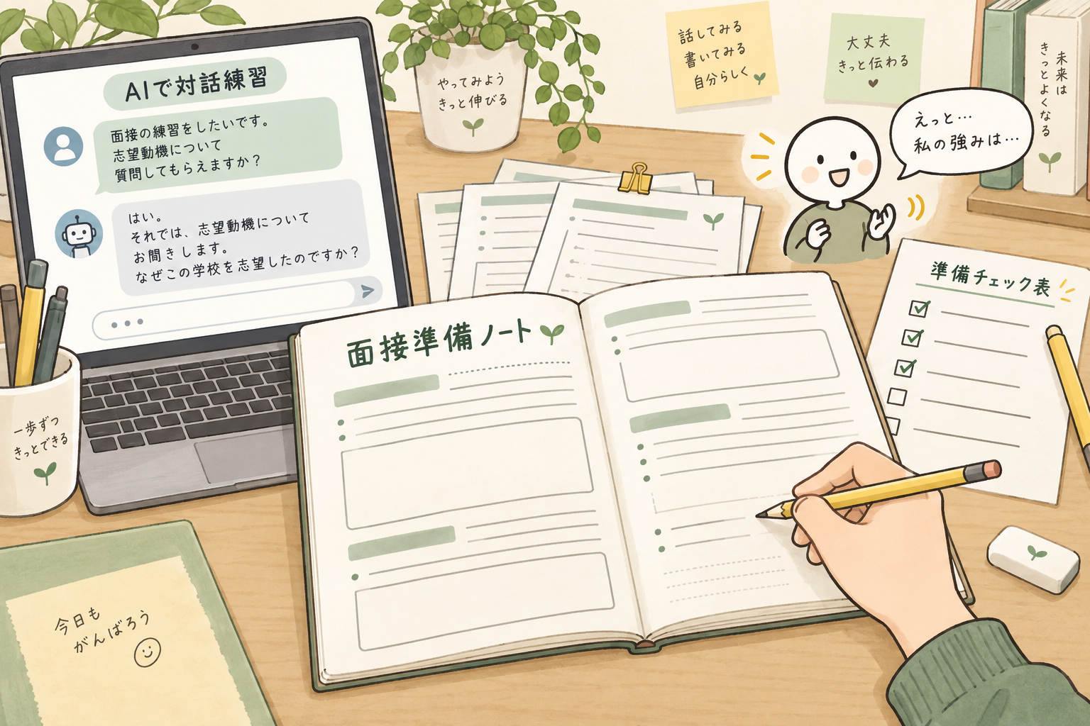 ノートに書き込み、AIと対話練習し、準備チェック表に印を付ける使用イメージ