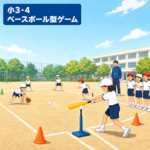 小3・4ベースボール型ゲームで、ティーに置いたボールを打ち走り出す子どもたち