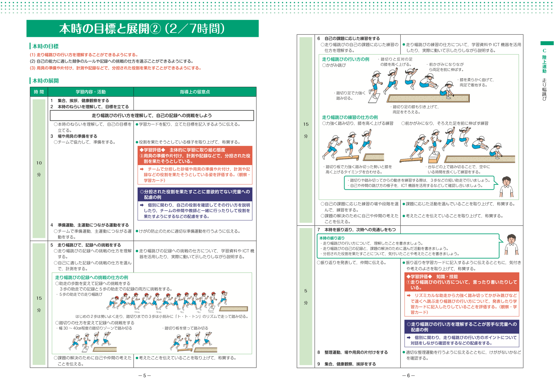 スポーツ庁の高学年向け走り幅跳び資料。助走、踏切、着地の動きを図で示したページ
