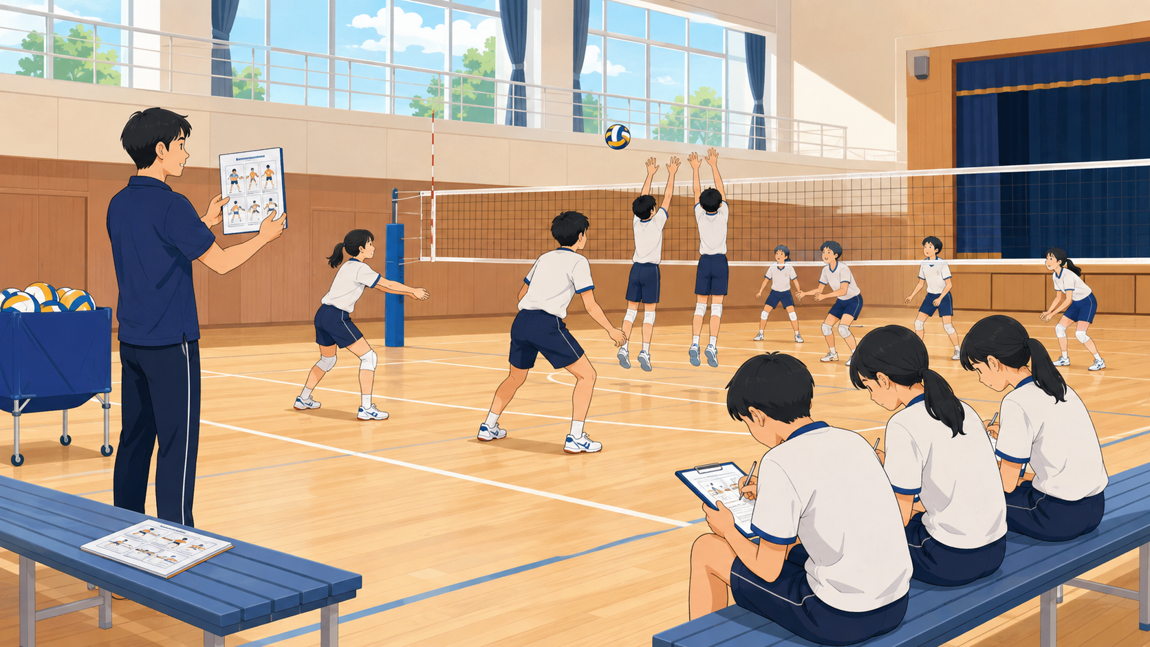 技能練習表で確かめ、体育館でバレーボールを練習する先生と生徒のイメージ