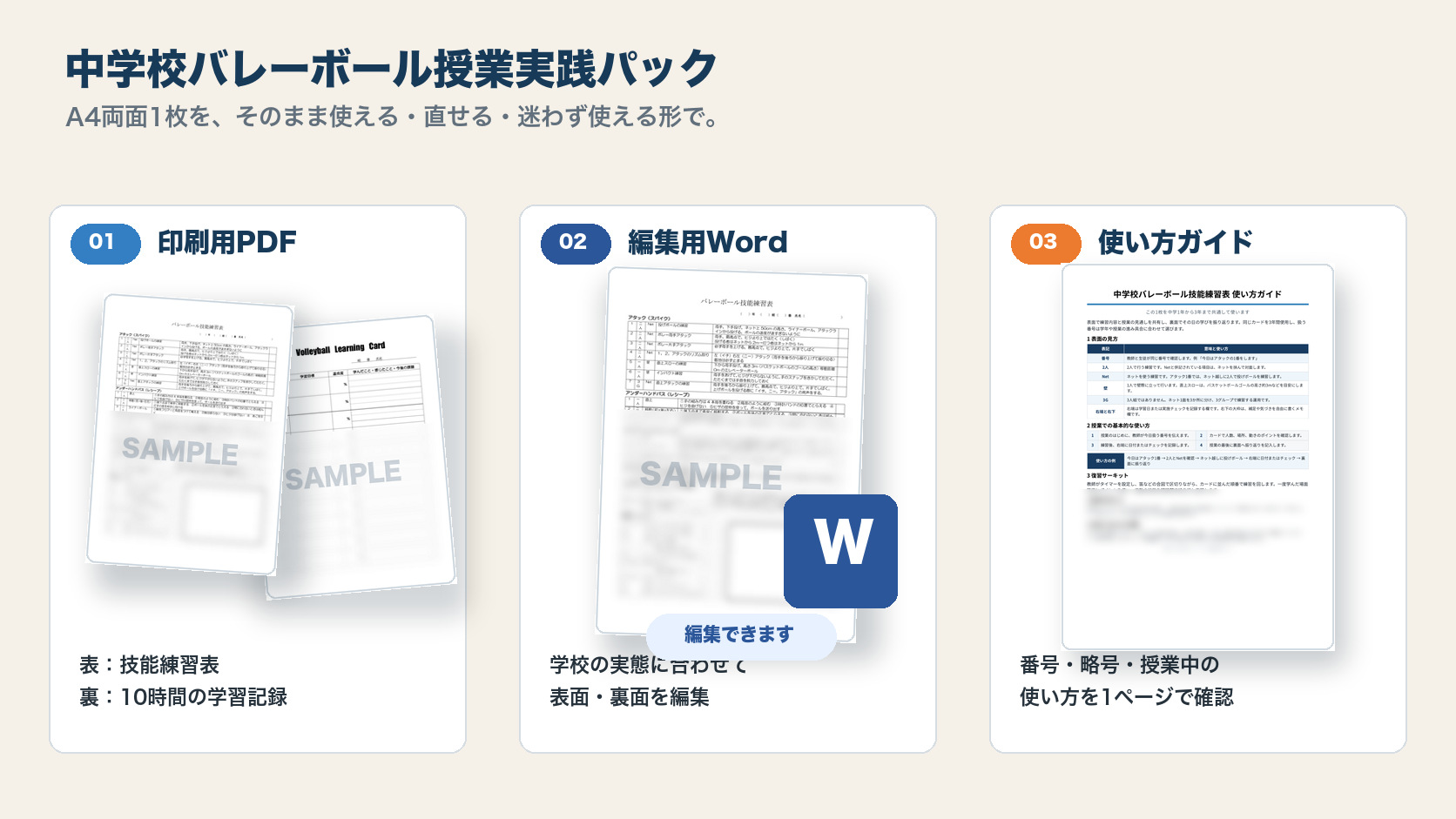 中学校バレーボール授業実践パックの3点セット