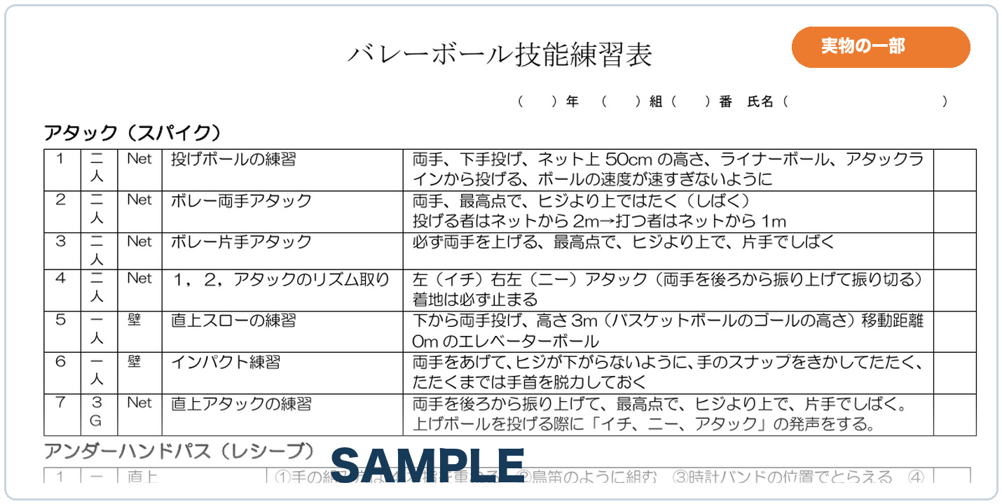 バレーボール技能練習表の実物プレビュー